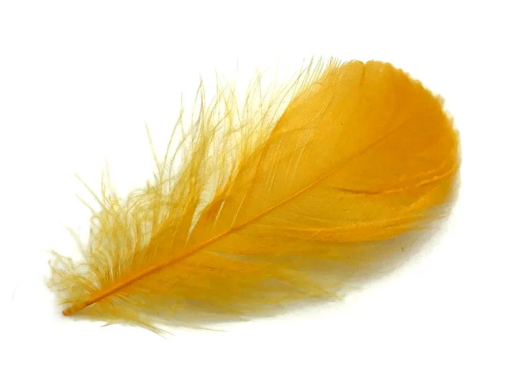 Single vibrant yellow feather for crafts and DIY fashion decor on white background.