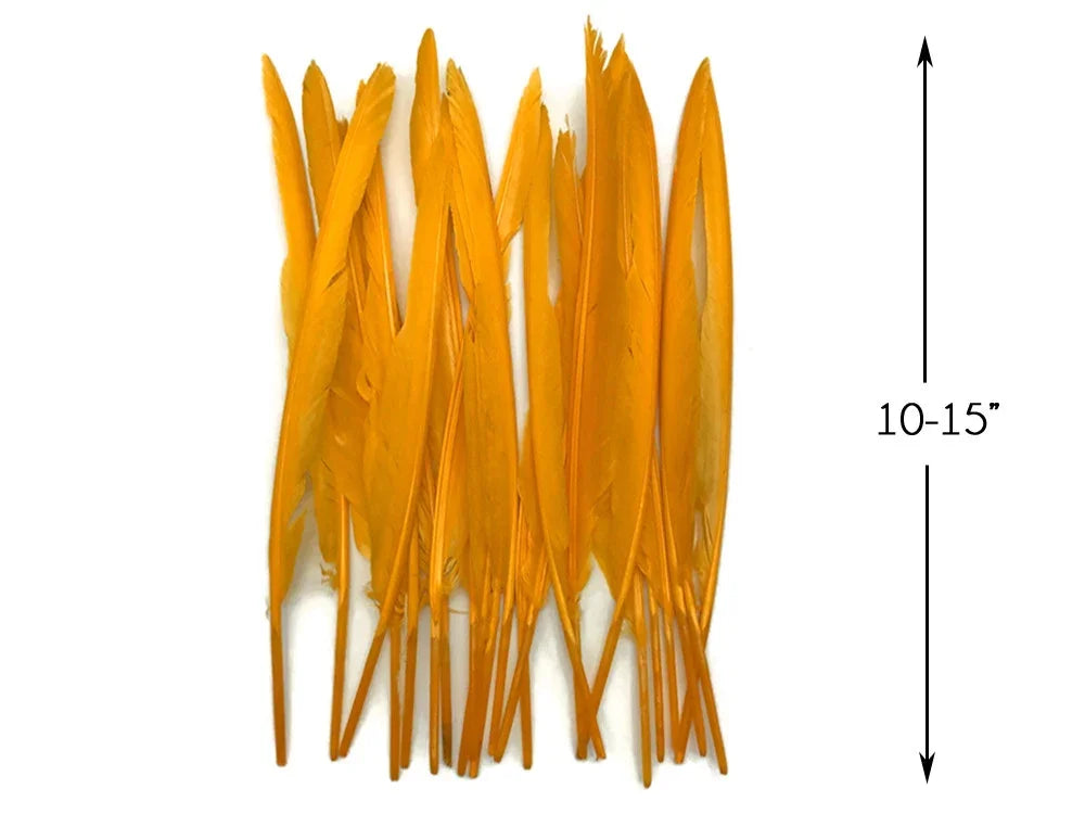 Vibrant yellow craft feathers, 10-15 inches long for DIY fashion and décor.