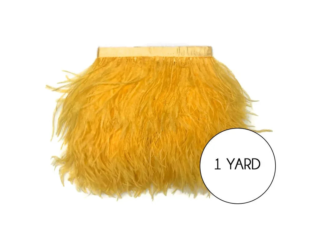 1 yard of vibrant yellow ostrich feather trim for fashion and DIY crafts.