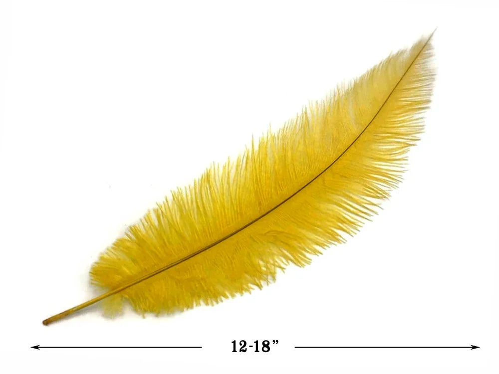 Long yellow ostrich feather for crafts and fashion decor, 12-18 inches.