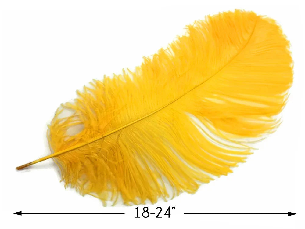 Large vibrant yellow ostrich feather for crafts and fashion decor, 18-24 inches.