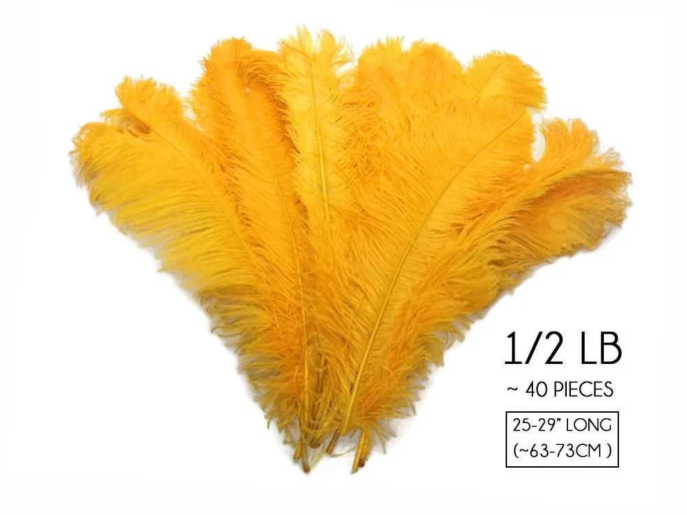 Bundle of 40 vibrant yellow ostrich feathers for crafts and fashion decor, 25-29 inches long.