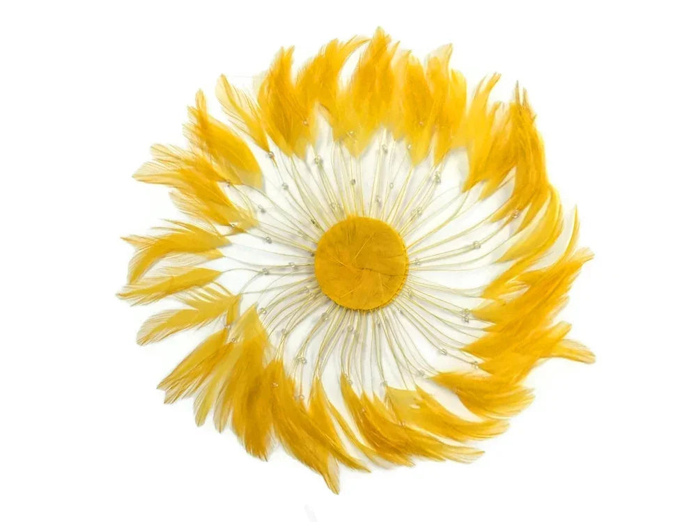 Vibrant yellow feather flower decoration for DIY crafts and fashion accessories.