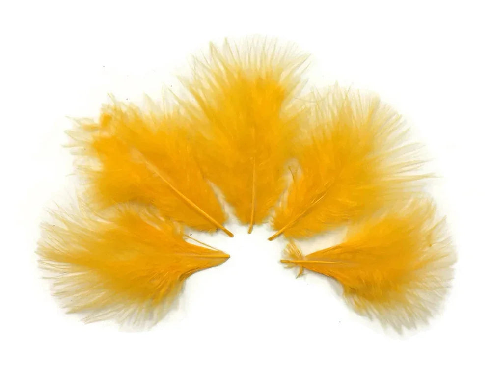 Vibrant yellow craft feathers arranged in a semi-circle on a white background.