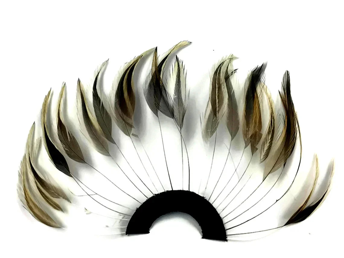 Natural brown and tan decorative feathers arranged in a fan shape for crafts and fashion.