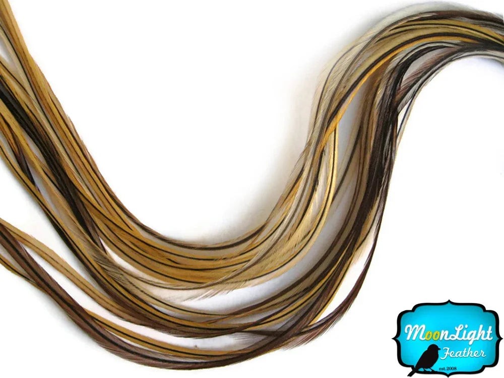 Long brown and golden natural feathers for DIY crafts and fashion accessories.