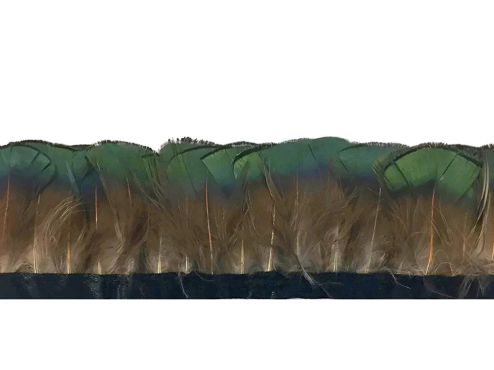 Decorative green and brown peacock feather trim for crafts and fashion DIY.