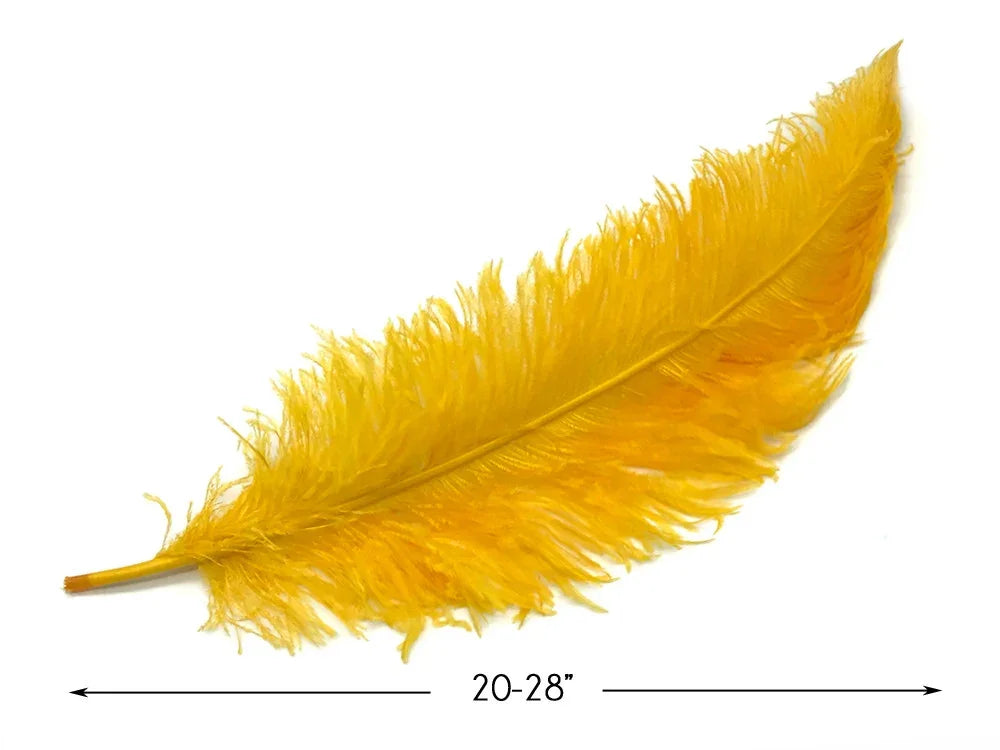 Large bright yellow ostrich feather for crafts and fashion decor, 20-28 inches long.