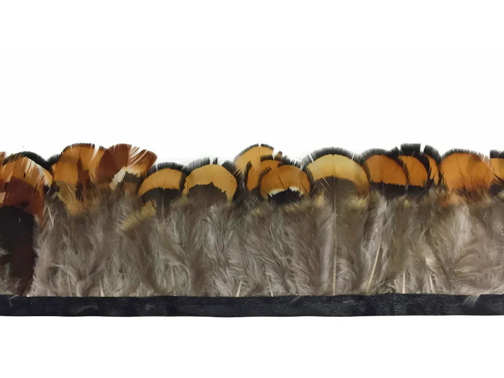 Brown and tan patterned feather trim for DIY crafts and fashion decor.