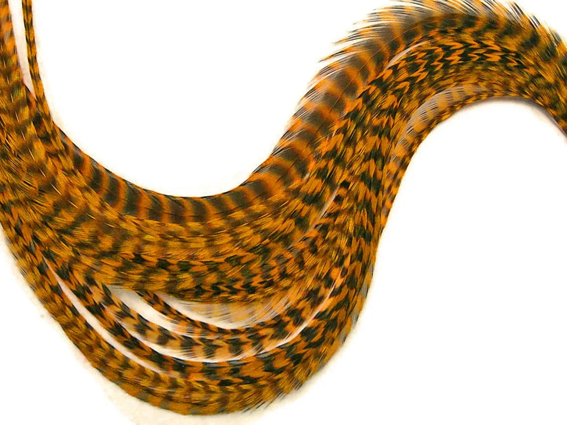 Brown and black patterned pheasant feathers for crafts and fashion DIY supplies.