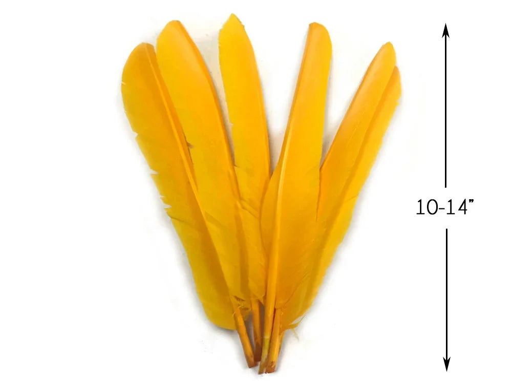 Set of long yellow feathers for crafts and fashion, measuring 10-14 inches.