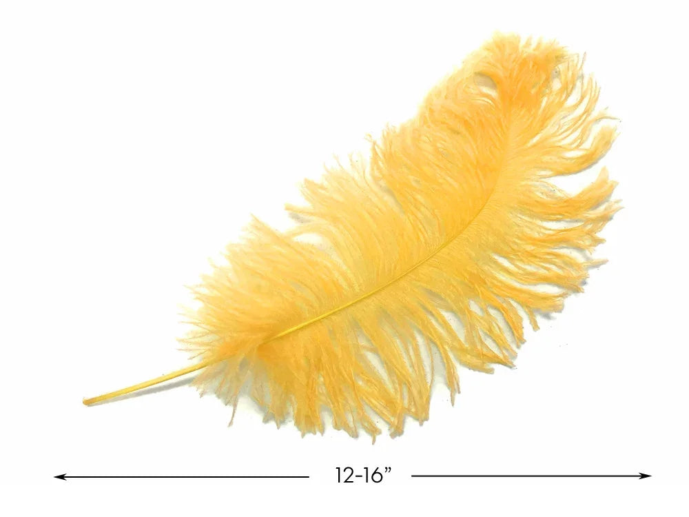 Large yellow ostrich feather for crafts and fashion decor, 12-16 inches long