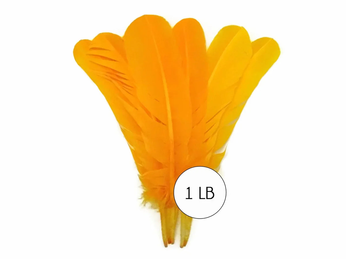 Bundle of vibrant orange craft feathers, 1 lb bulk pack for DIY fashion and decor.