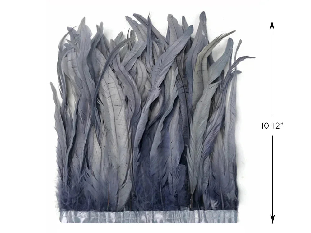 10-12 inch grey and blue feather trim for fashion and DIY crafts.
