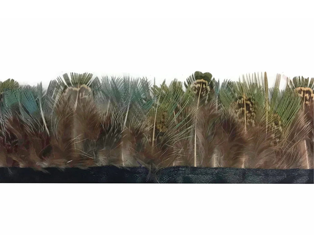 Decorative trim featuring natural brown and teal peacock feathers for fashion and crafts.