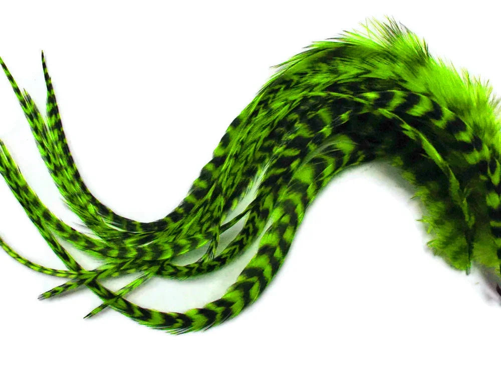 Vibrant lime green and black barred feathers for DIY crafts and fashion decor.