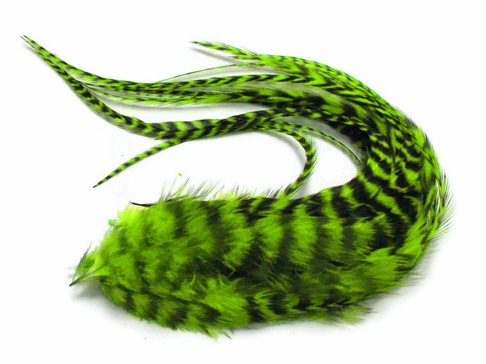 6 Pieces - Lime Green Thick Long Grizzly Rooster Hair Extension Feathers