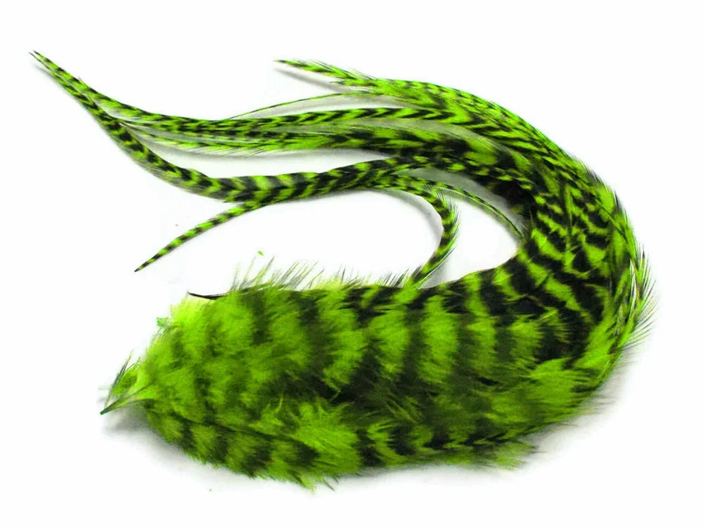 Vibrant lime green and black striped feathers for DIY crafts and fashion decor.