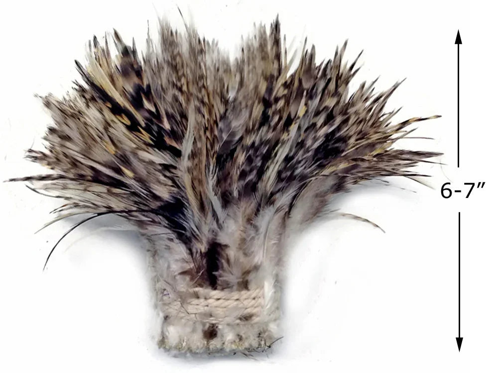 6-7 inch bundle of variegated brown and cream patterned feathers for crafts and decor.