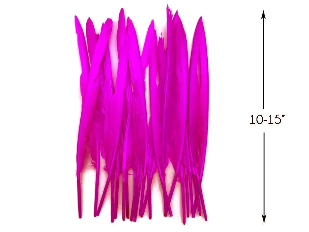 Vibrant magenta pink feathers for crafts and DIY decor, 10-15 inches long.