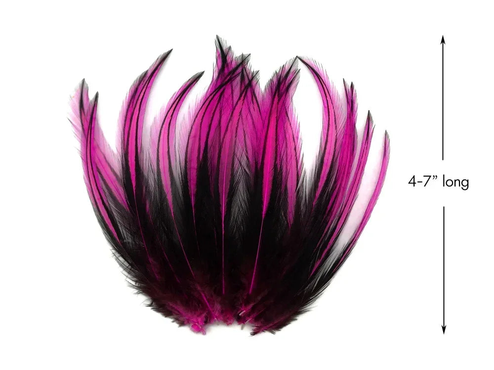 Vibrant pink and black dyed feathers for crafts, measuring 4-7 inches long.