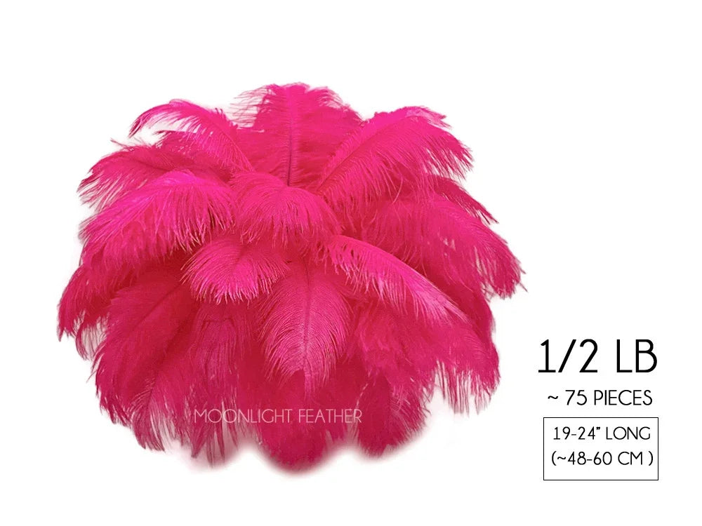 Vibrant hot pink ostrich feathers, 75 pieces, 19-24 inches long for DIY crafts and decor.