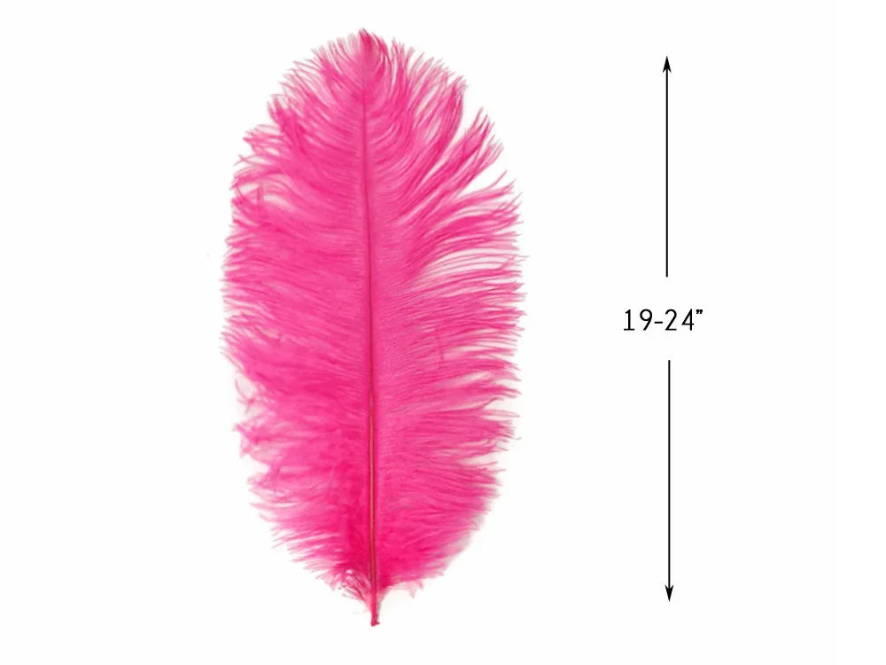 Vibrant pink ostrich feather for crafts and fashion, 19-24 inches long.