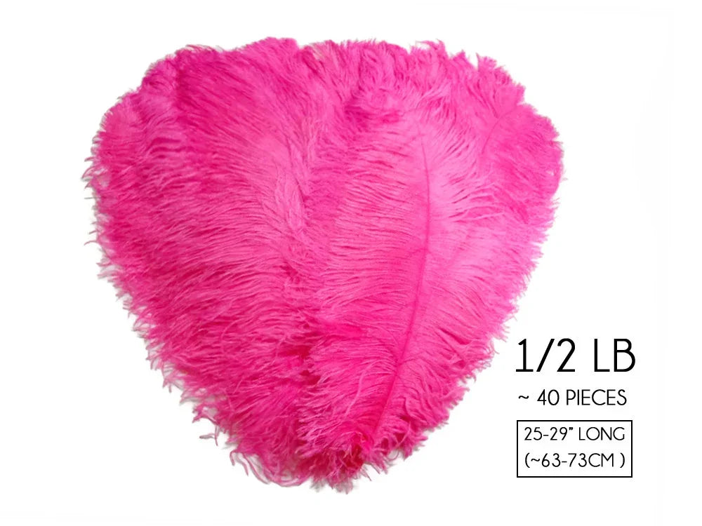 Vibrant pink ostrich feathers for crafts and fashion, 40 pieces, 25-29 inches long.