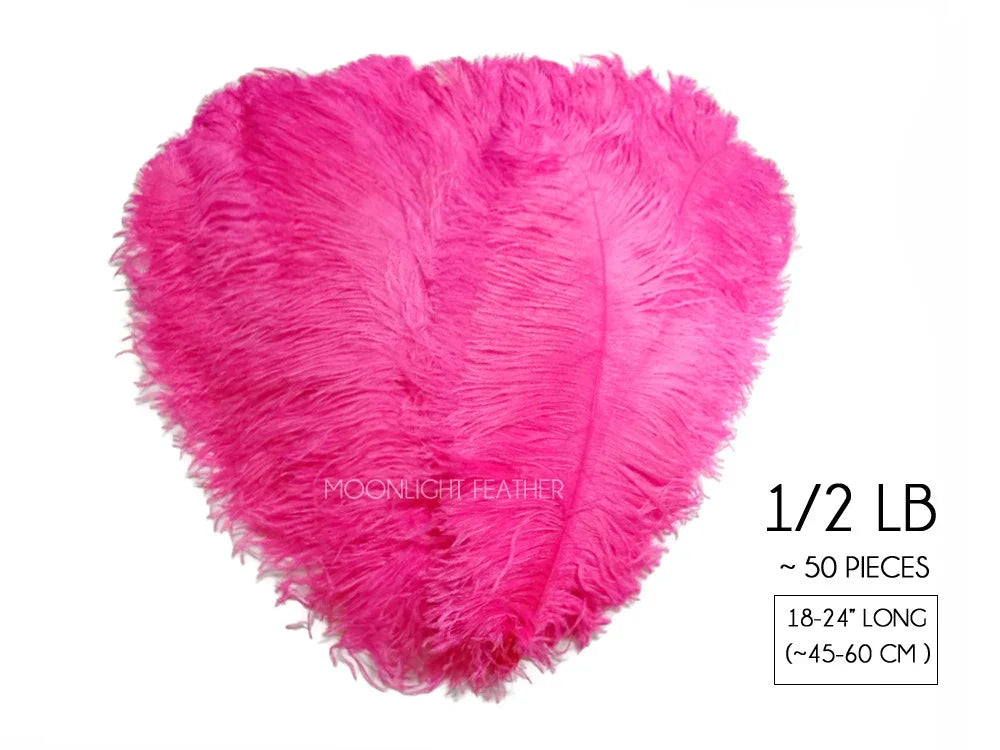 Bright pink ostrich feathers for crafts and fashion decor, 50 pieces, 18-24 inches long.