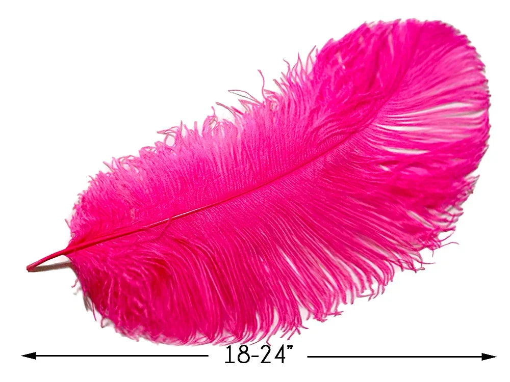 Vibrant pink ostrich feather for crafts and fashion decor, 18-24 inches long.