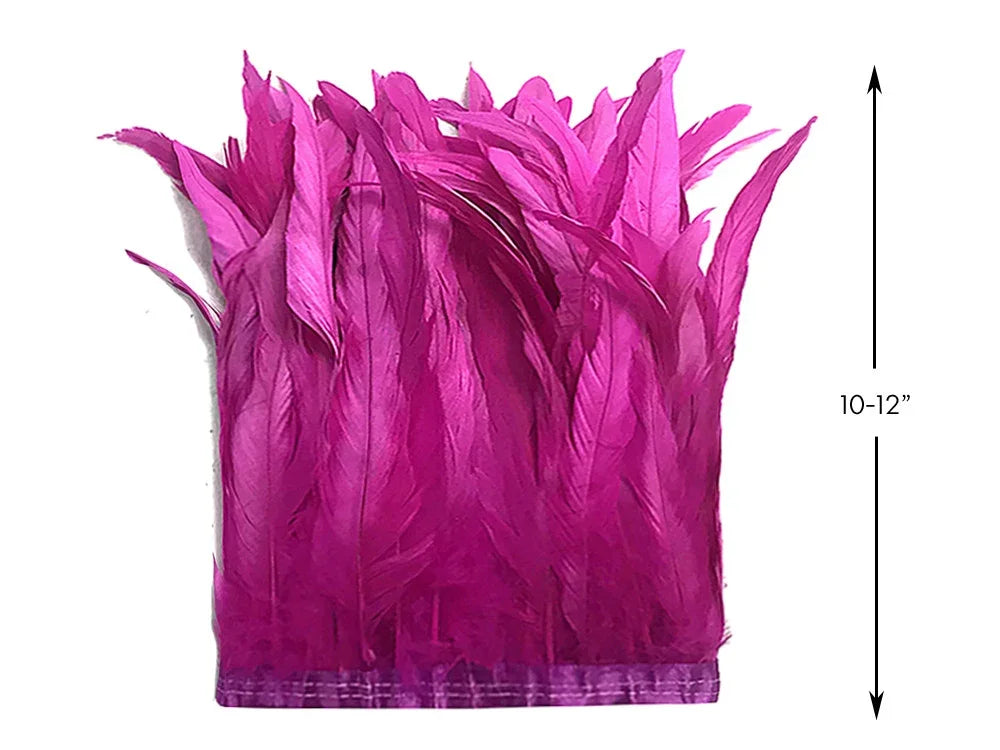 Vibrant pink feather trim for crafts and fashion, 10-12 inches long.