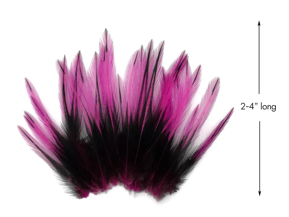 Pink and black dyed craft feathers, 2-4 inches long for DIY fashion and décor.