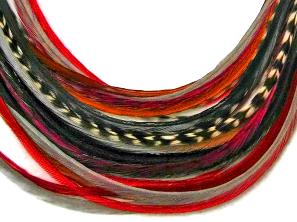 12 Strands - Hot Mix Thin Long Grizzly Whiting Farm Rooster Salon Hair Extension Feathers