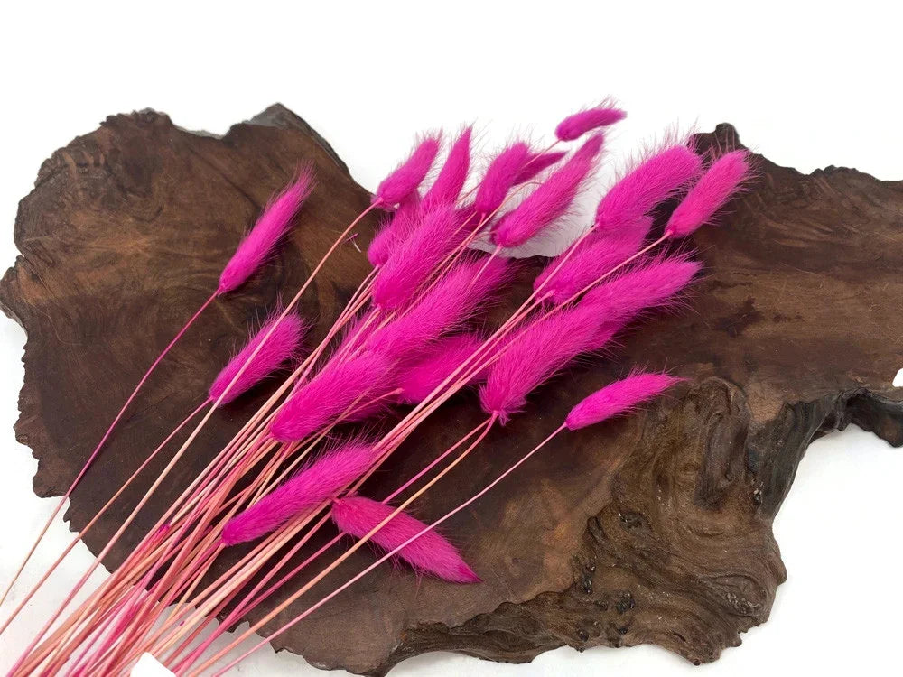 Vibrant pink dried bunny tail grass decor on a rustic dark wood slice.