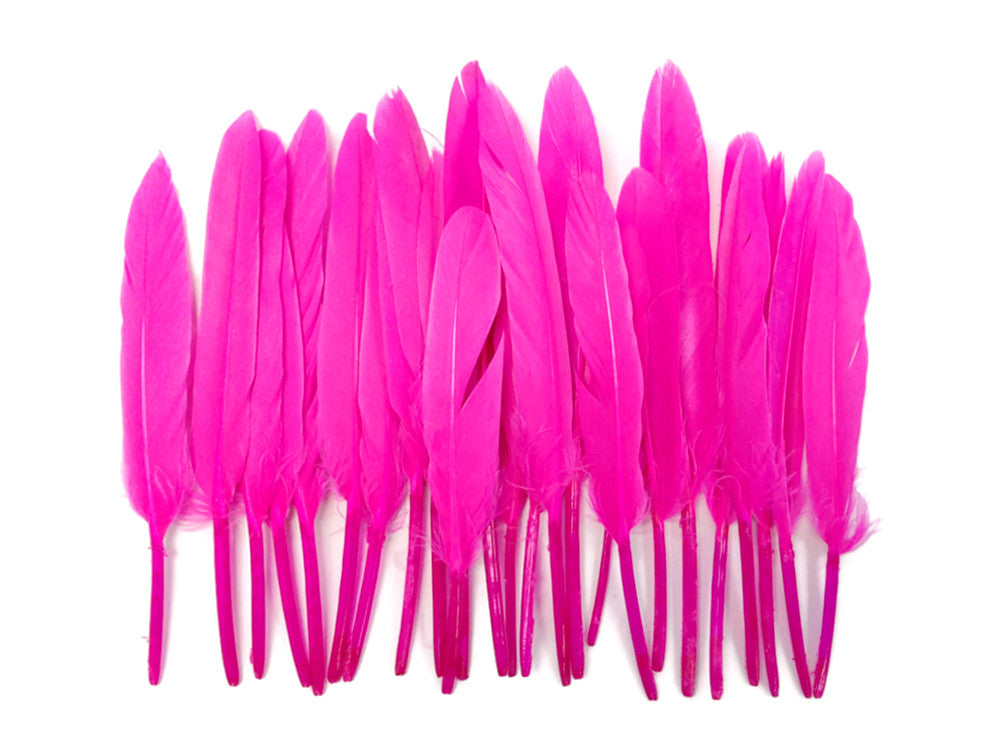 Row of vibrant hot pink craft feathers for DIY fashion and decor on a white background.