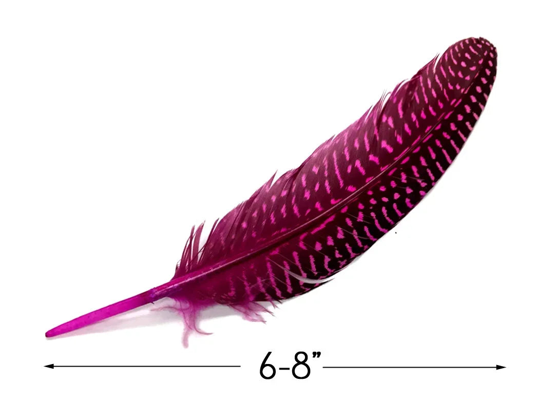 Vibrant magenta patterned craft feather, 6-8 inches long for DIY fashion and decor.