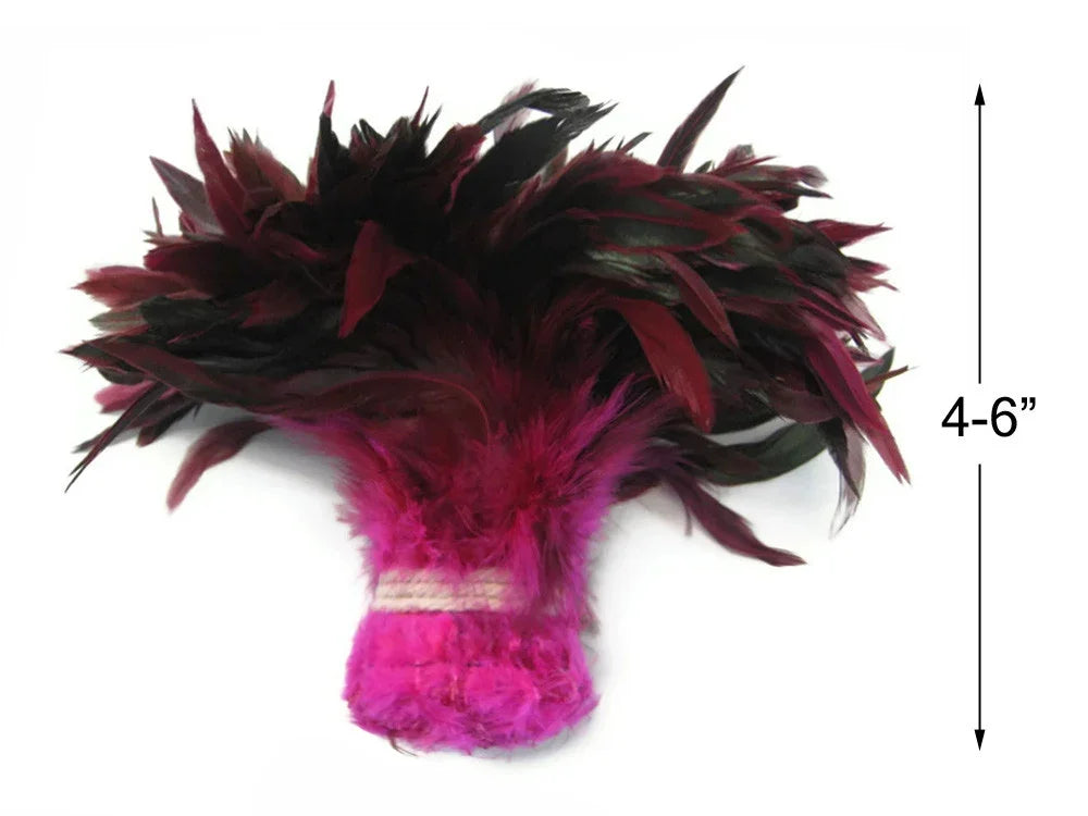 Deep burgundy and magenta dyed feathers for fashion and DIY crafts, 4-6 inches long.