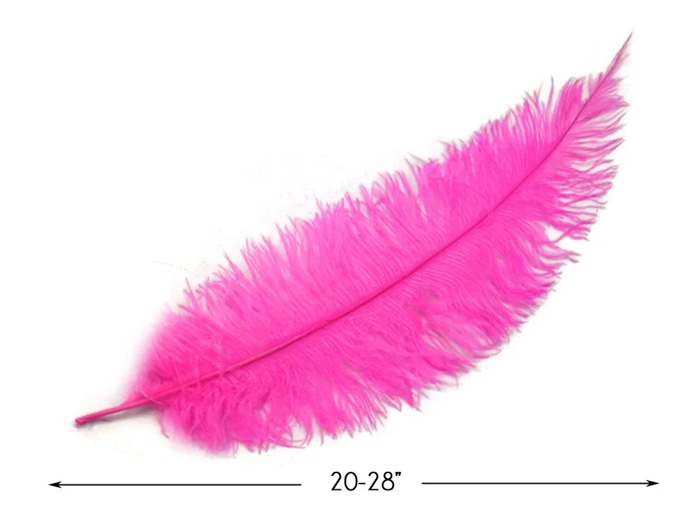 Vibrant pink ostrich feather for crafts and fashion decor, 20-28 inches long.
