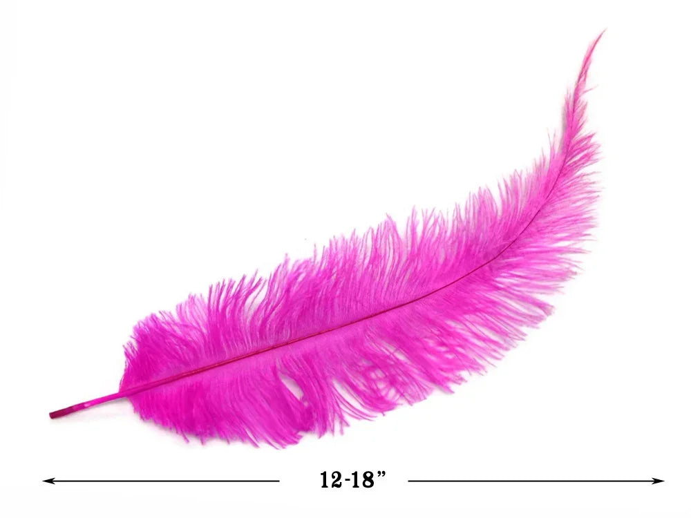 Vibrant pink ostrich feather for DIY crafts and fashion decor, 12-18 inches long.
