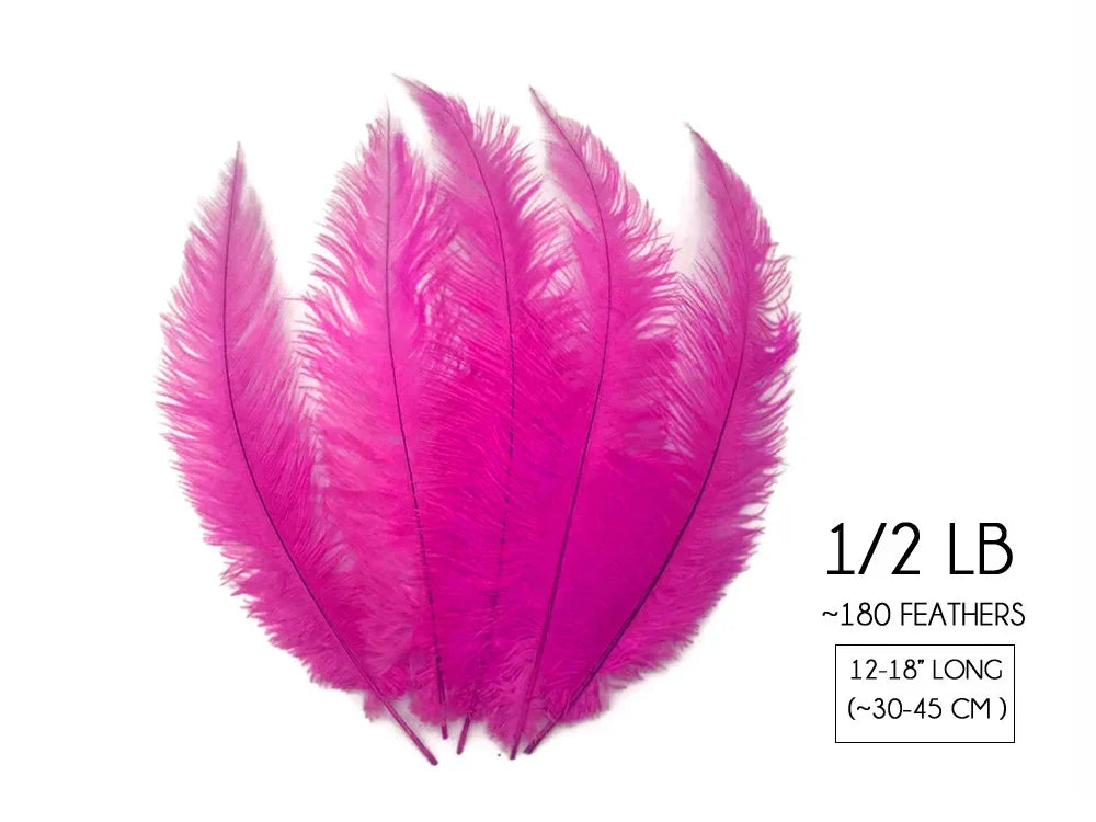 Vibrant pink ostrich feathers for crafts and fashion decor, 12-18 inches long.