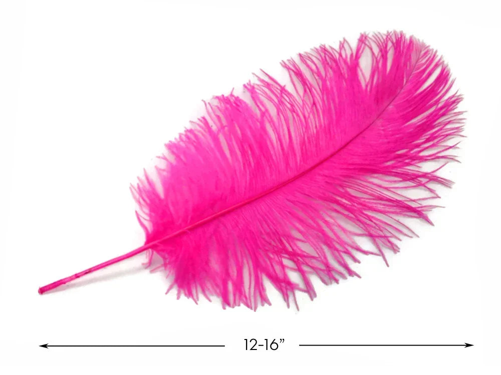 Vibrant hot pink ostrich feather for crafts and fashion decor, 12-16 inches long.