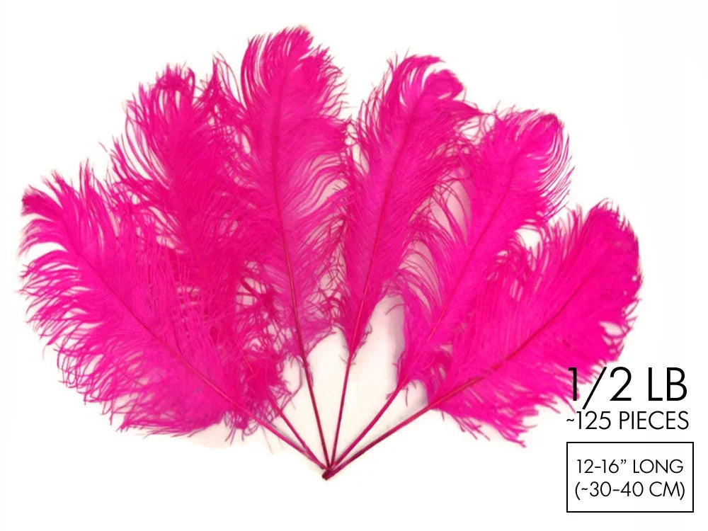 Vibrant hot pink ostrich feathers for crafts and fashion decor, 12-16 inches long.