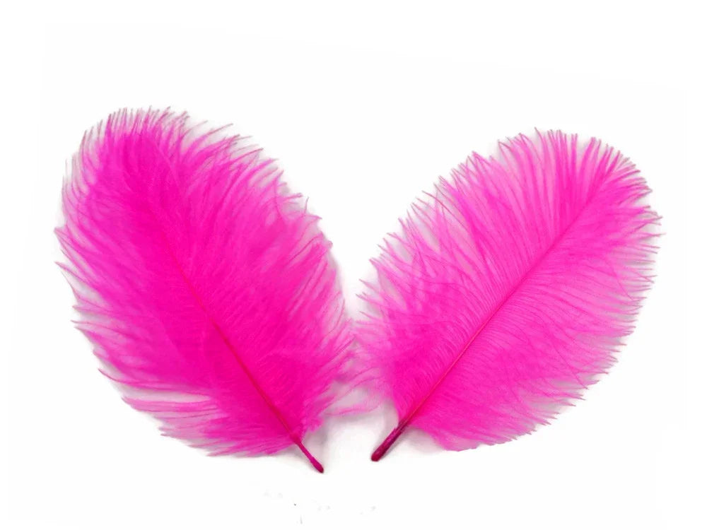 Two bright pink ostrich feathers for DIY crafts and fashion accessories on a white background.
