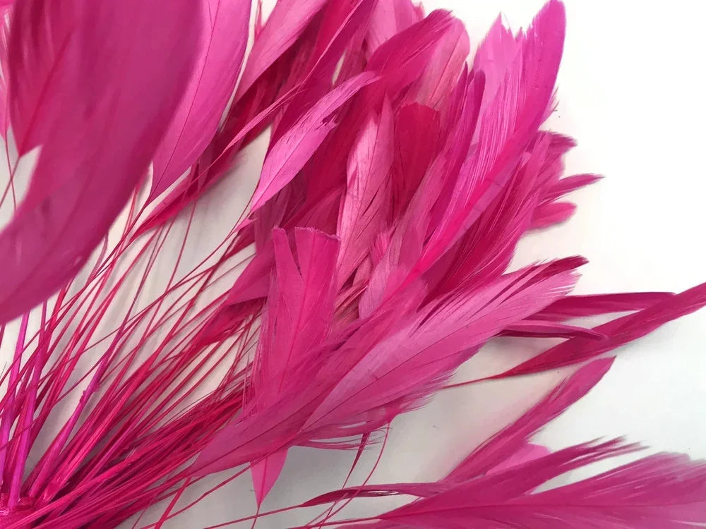 Vibrant hot pink craft feathers for DIY fashion and decor projects.