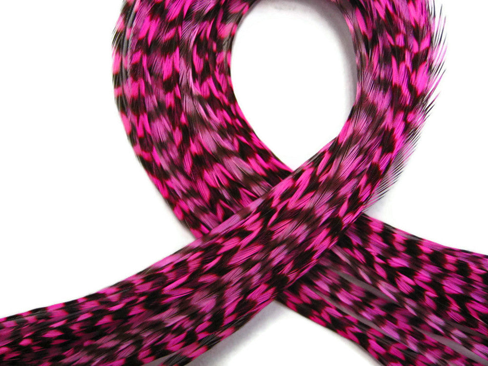 4 Pieces - Hot Pink Thin Long Grizzly Whiting Farm Rooster Hair Extension Feathers