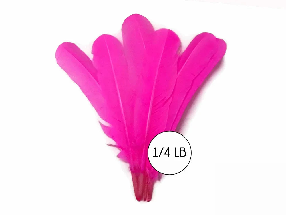 Vibrant hot pink feathers for DIY crafts and fashion decor, 1/4 lb bulk pack.