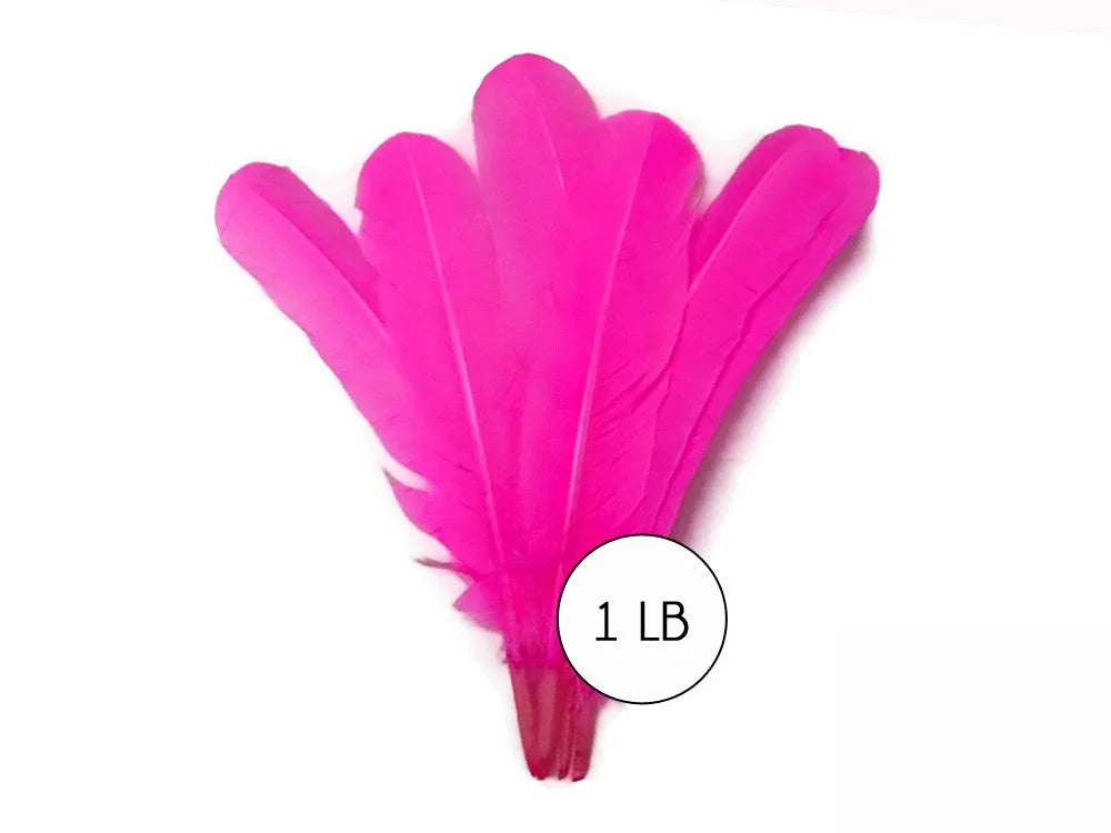 Vibrant pink dyed feathers for DIY crafts and fashion decor, 1 lb bulk pack.