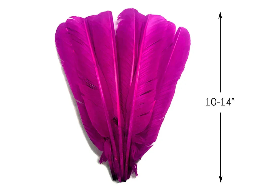 Vibrant magenta pink feathers for crafts and fashion, 10-14 inches long.