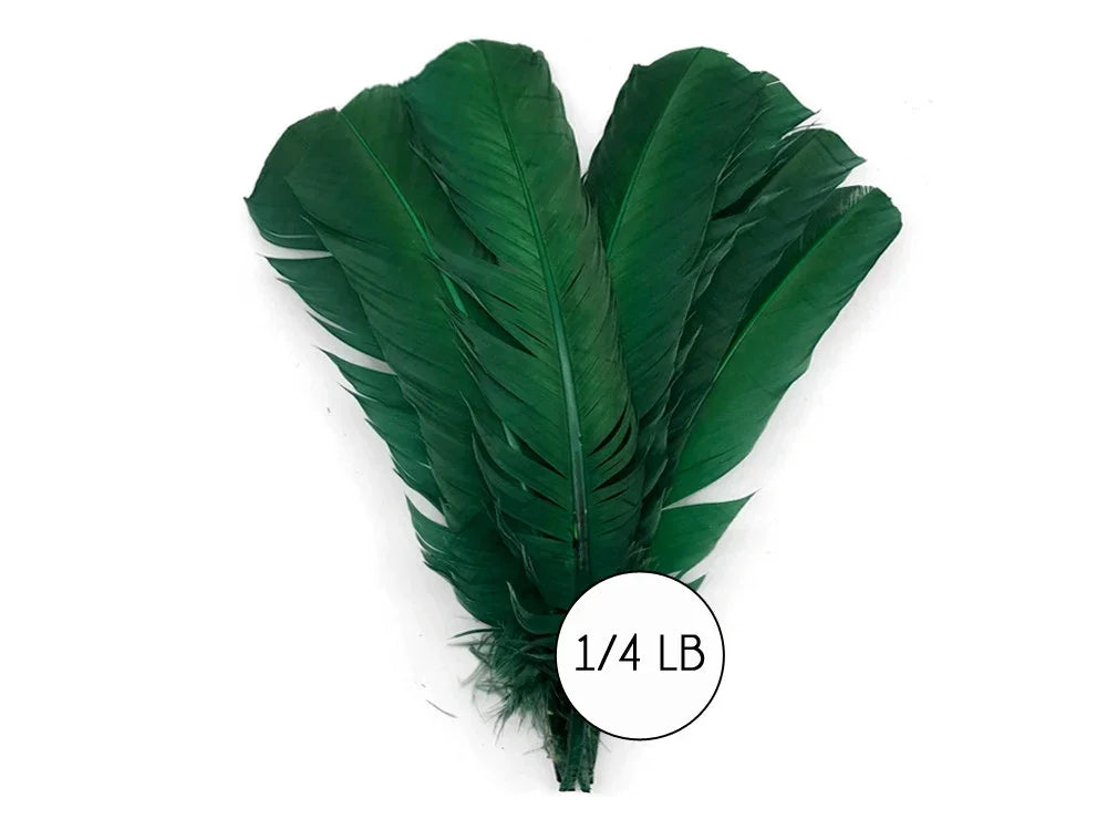 Bundle of vibrant green craft feathers for DIY fashion and decor, 1/4 lb pack.