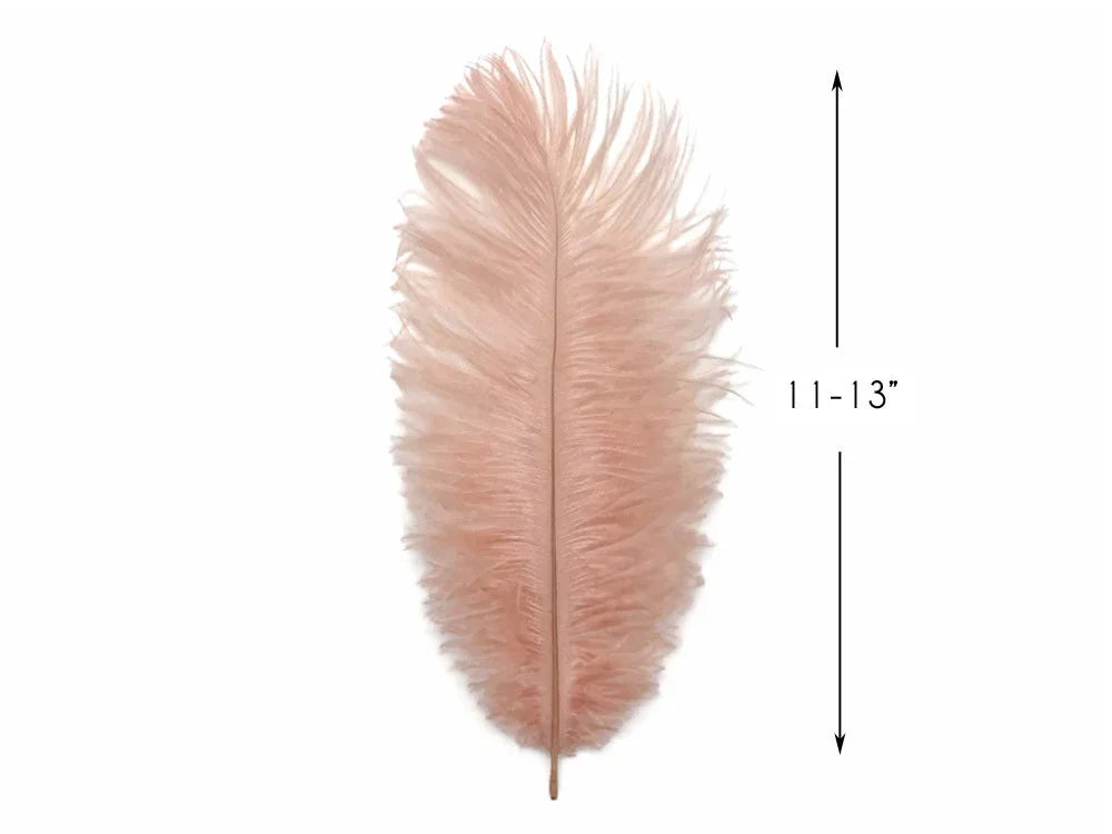 Large soft peach ostrich feather for crafts and fashion decor, 11-13 inches long.